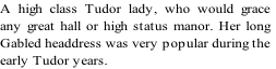 A high class Tudor lady, who would grace
any great hall or high status manor. Her long
Gabled headdress was very popular during the
early Tudor years.  
